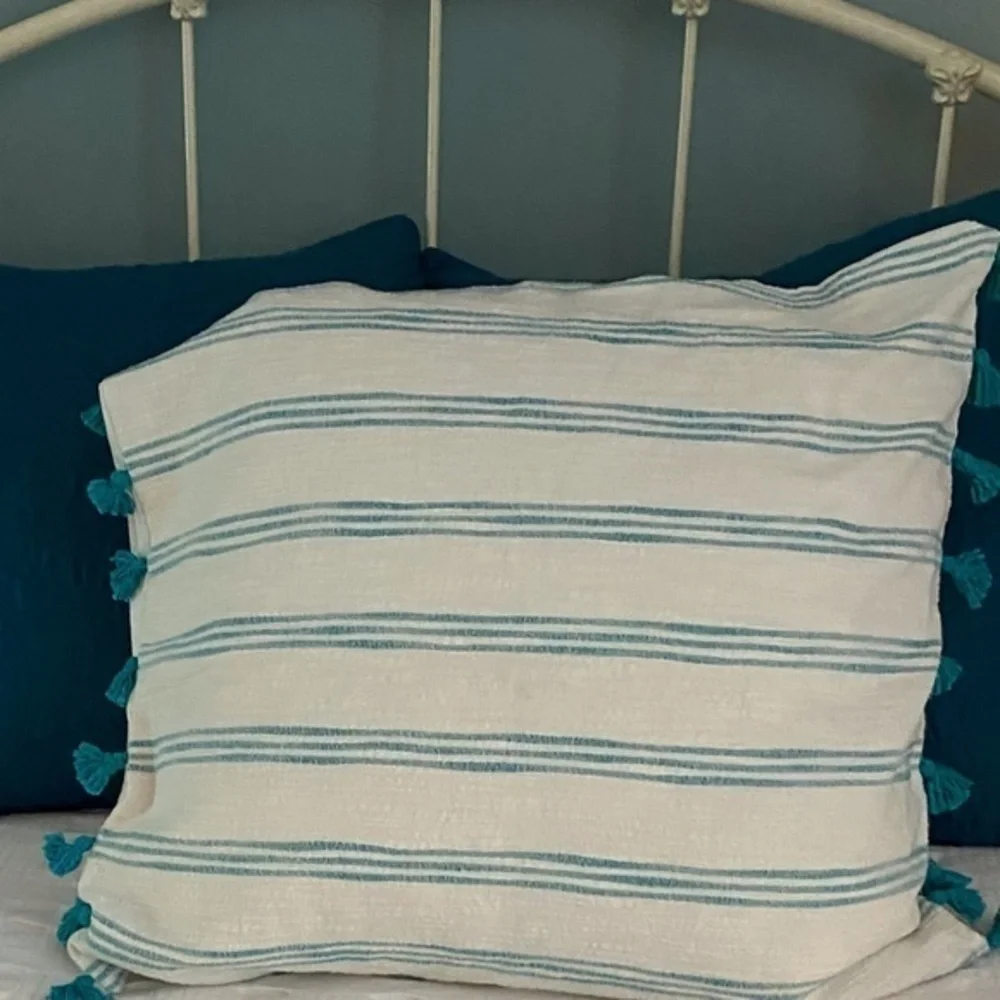 Anthropologie Blue Striped Pillow  Tassel Shams